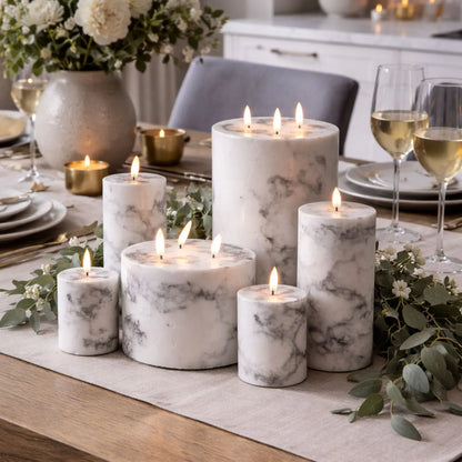 Marble-Effect LED Pillar Candle with Flickering Flame, Real Wax, Batteries Included with Built-In Timer 20x7.5cm | Click Style