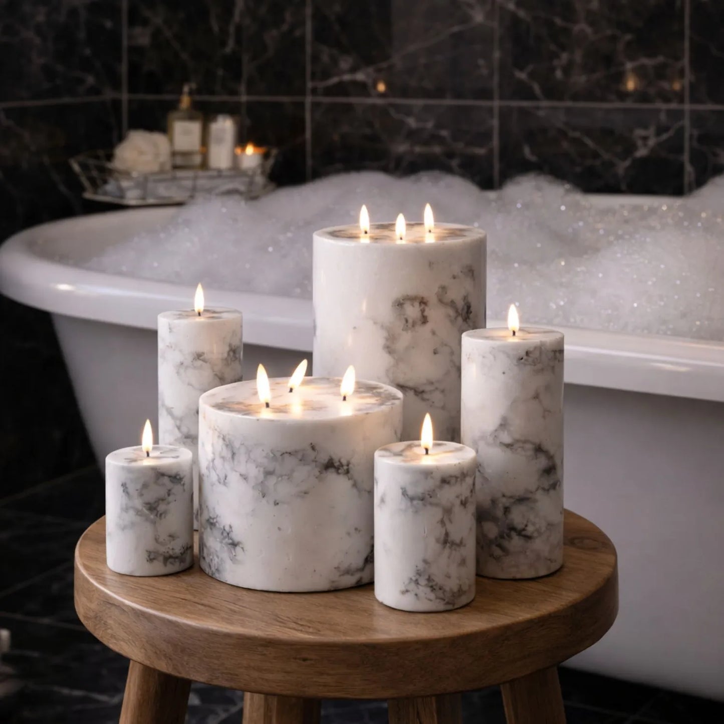 Marble-Effect LED Pillar Candle with Flickering Flame, Real Wax, Batteries Included with Built-In Timer 15x7.5cm | Click Style