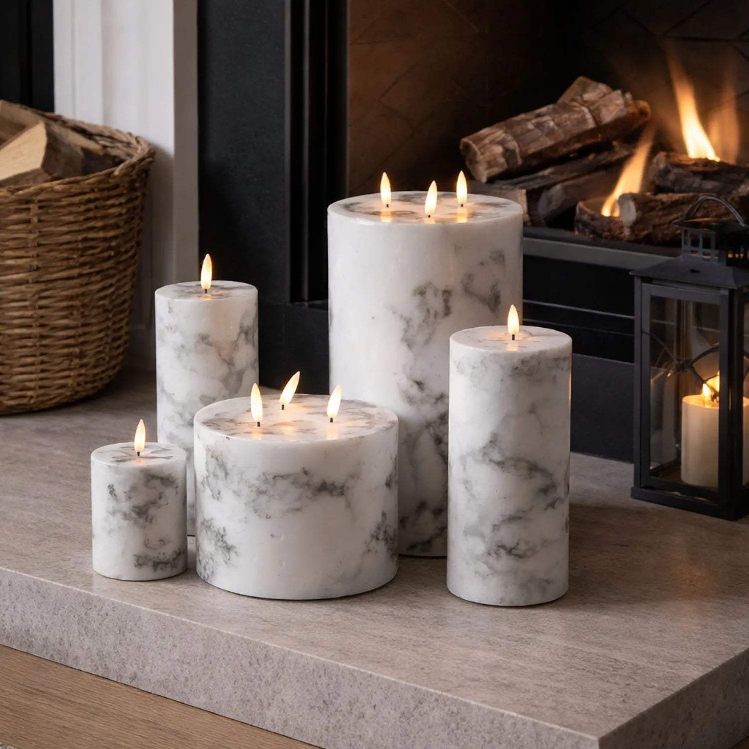 Marble-Effect LED Pillar Candle with Flickering Flame, Real Wax, Batteries Included with Built-In Timer 20x7.5cm | Click Style