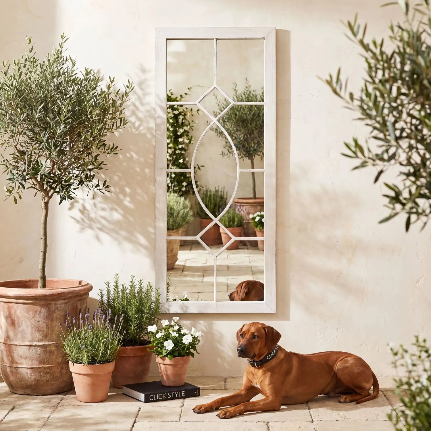 Marlow Large Rectangular White Metal Garden Window Mirror 105x40x3cm – Rustic White Outdoor Garden Wall Mirror with Decorative Window Pane Design for Gardens Patios Courtyards Garden Rooms and Outdoor Living Spaces | Click Style