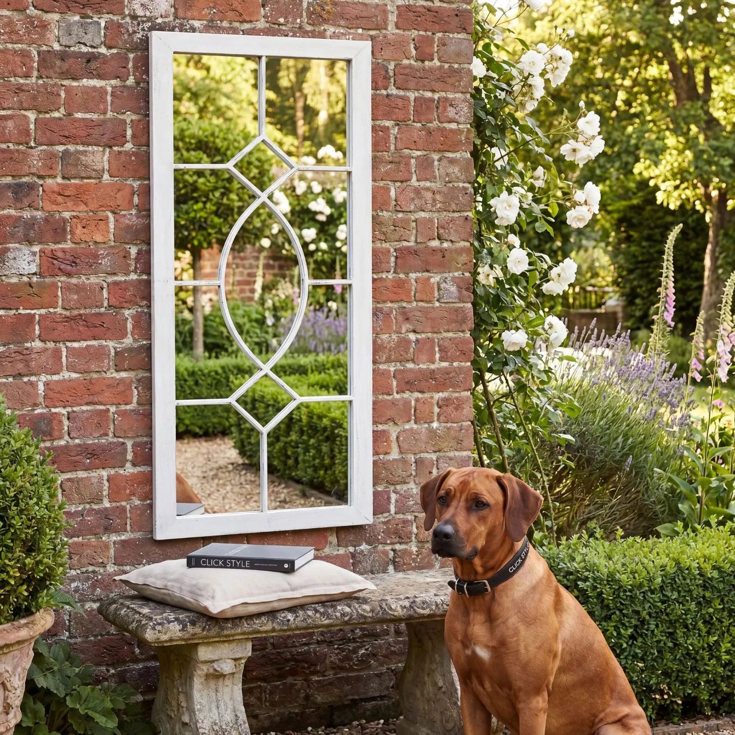 Marlow Large Rectangular White Metal Garden Window Mirror 105x40x3cm – Rustic White Outdoor Garden Wall Mirror with Decorative Window Pane Design for Gardens Patios Courtyards Garden Rooms and Outdoor Living Spaces | Click Style