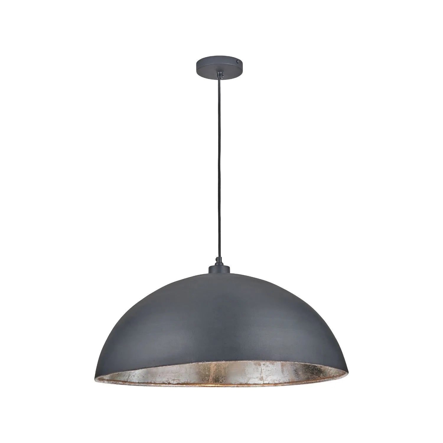 Matt Black And Silver Leaf Large Domed Metal Industrial Pendant Light With Black Fabric Cable Adjustable Hanging Ceiling Light 132x62x62cm | Click Style