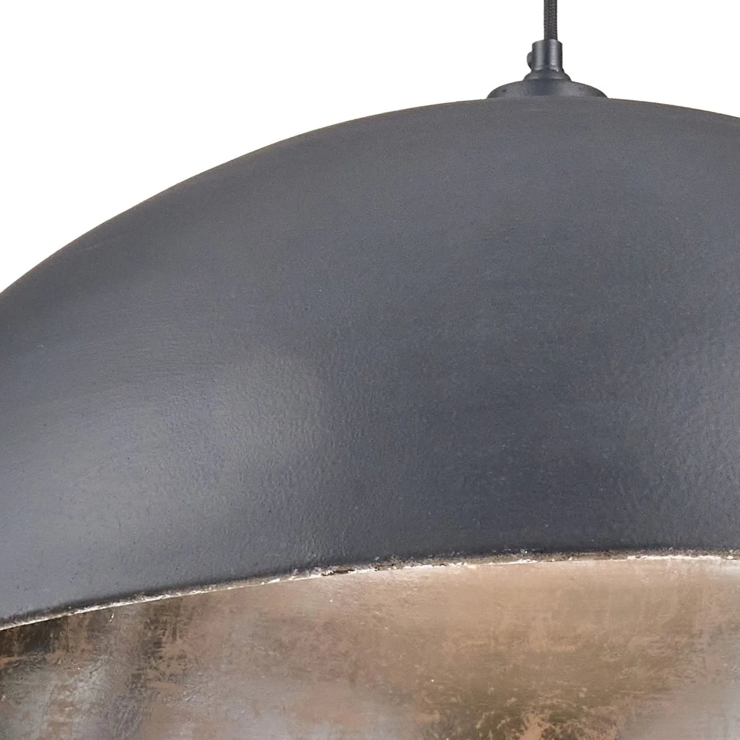 Matt Black And Silver Leaf Large Domed Metal Industrial Pendant Light With Black Fabric Cable Adjustable Hanging Ceiling Light 132x62x62cm | Click Style