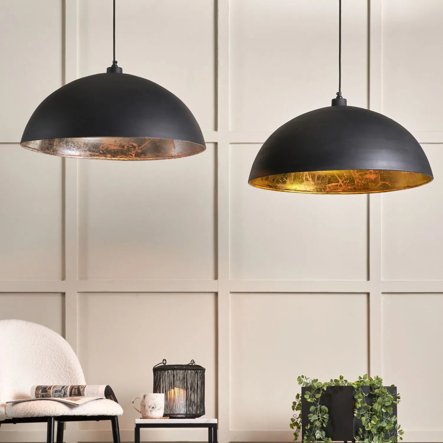 Matt Black And Silver Leaf Large Domed Metal Industrial Pendant Light With Black Fabric Cable Adjustable Hanging Ceiling Light 132x62x62cm | Click Style