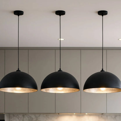 Matt Black And Silver Leaf Large Domed Metal Industrial Pendant Light With Black Fabric Cable Adjustable Hanging Ceiling Light 132x62x62cm | Click Style