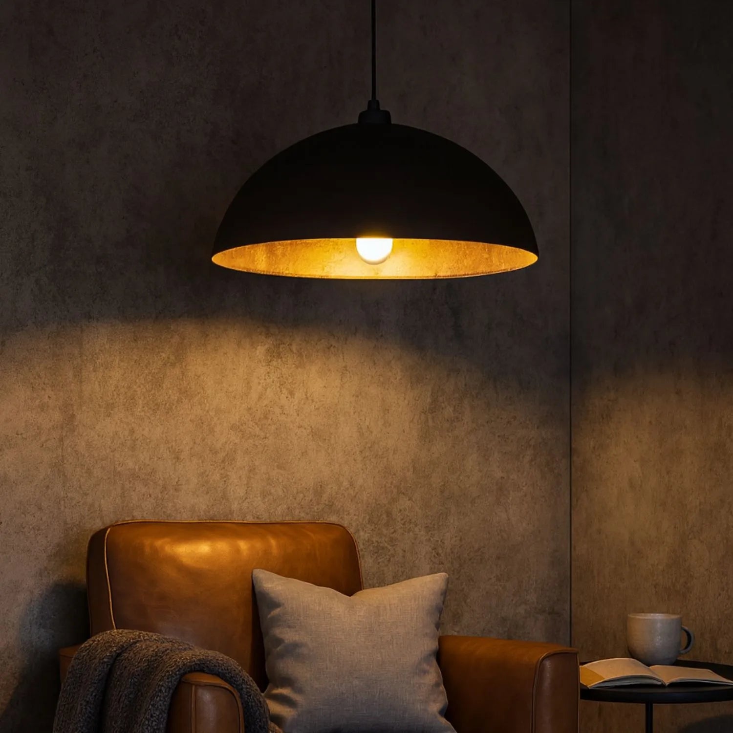 Matt Black And Silver Leaf Large Domed Metal Industrial Pendant Light With Black Fabric Cable Adjustable Hanging Ceiling Light 132x62x62cm | Click Style