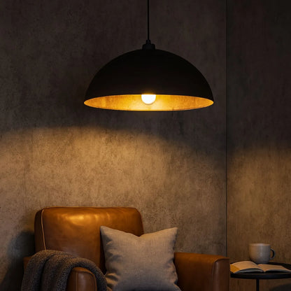 Matt Black And Silver Leaf Large Domed Metal Industrial Pendant Light With Black Fabric Cable Adjustable Hanging Ceiling Light 132x62x62cm | Click Style