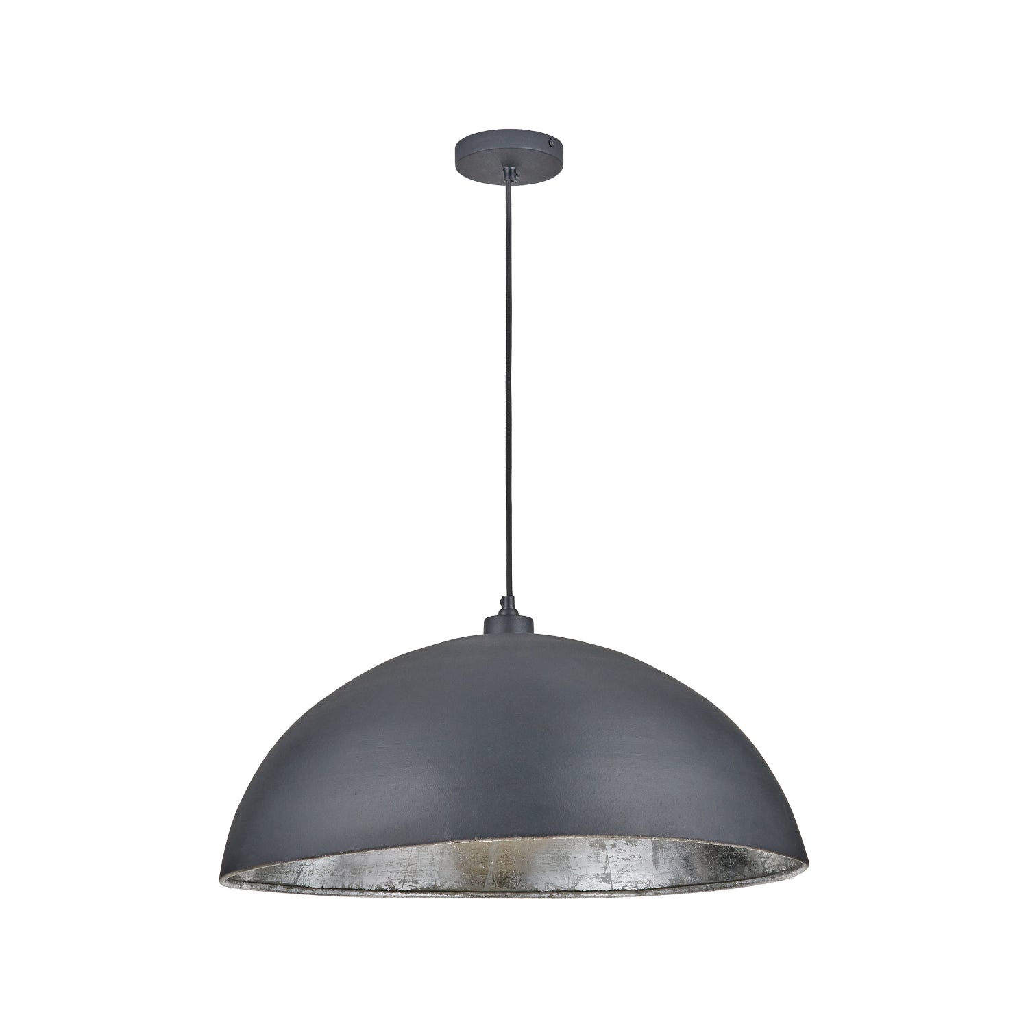 Matt Black And Silver Leaf Large Domed Metal Industrial Pendant Light With Black Fabric Cable Adjustable Hanging Ceiling Light 132x62x62cm | Click Style