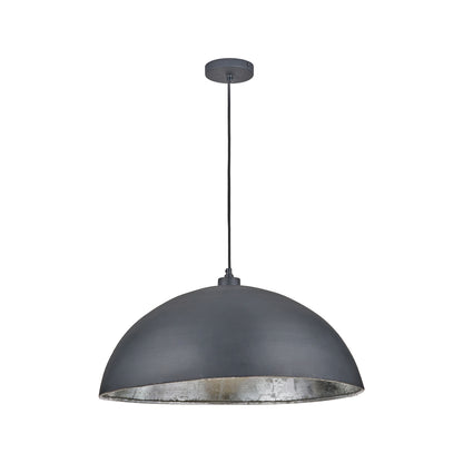Matt Black And Silver Leaf Large Domed Metal Industrial Pendant Light With Black Fabric Cable Adjustable Hanging Ceiling Light 132x62x62cm | Click Style