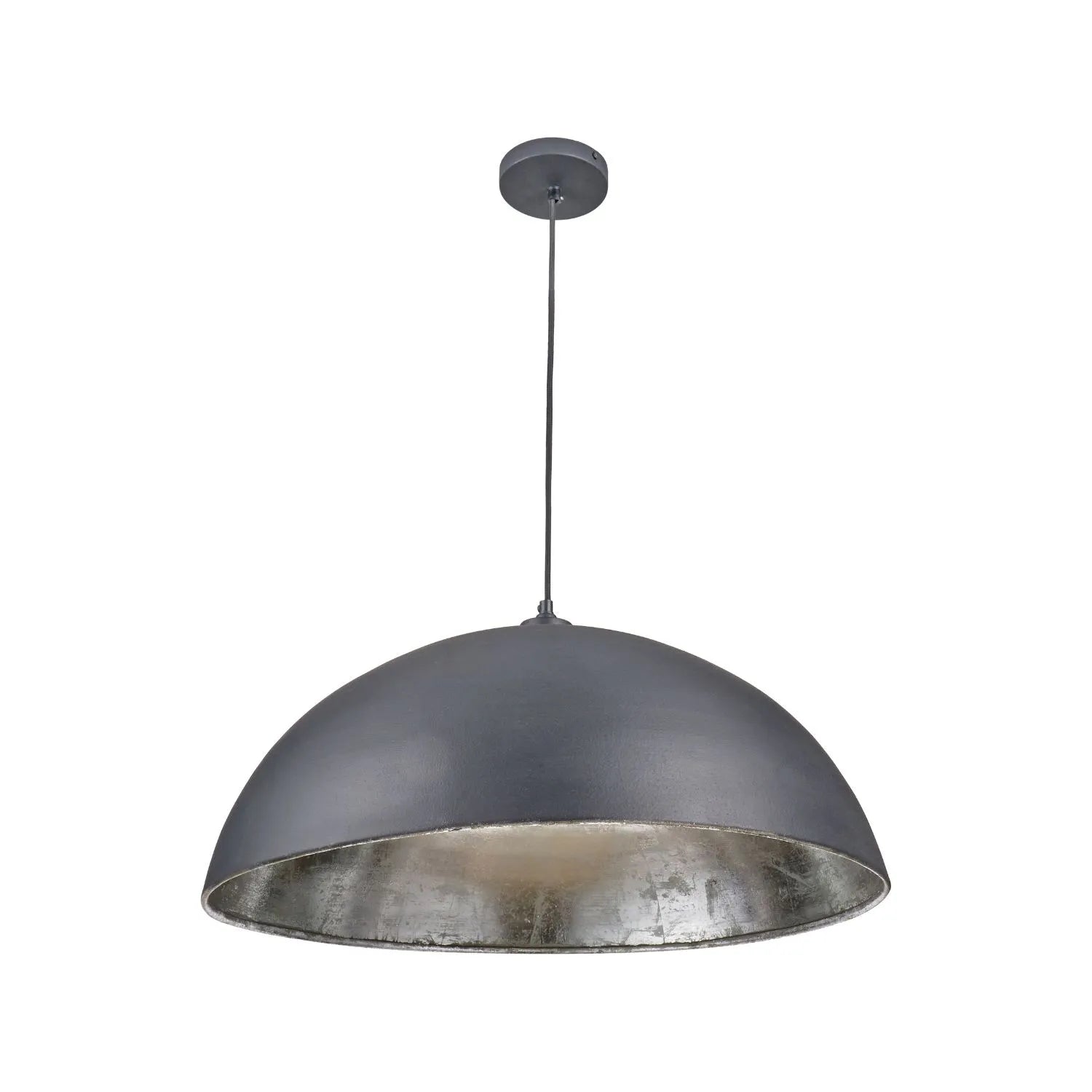 Matt Black And Silver Leaf Large Domed Metal Industrial Pendant Light With Black Fabric Cable Adjustable Hanging Ceiling Light 132x62x62cm | Click Style