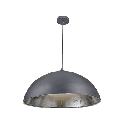 Matt Black And Silver Leaf Large Domed Metal Industrial Pendant Light With Black Fabric Cable Adjustable Hanging Ceiling Light 132x62x62cm | Click Style