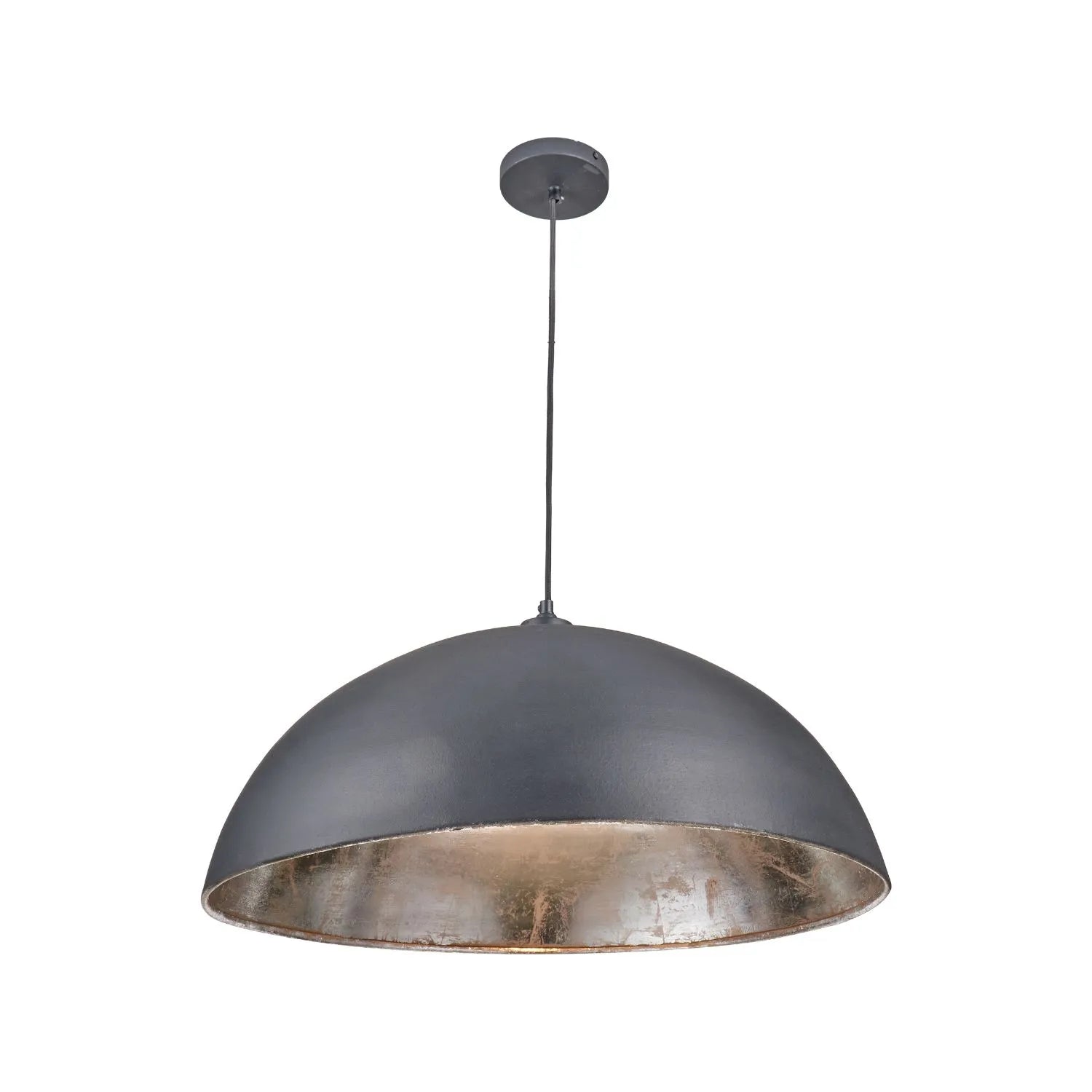 Matt Black And Silver Leaf Large Domed Metal Industrial Pendant Light With Black Fabric Cable Adjustable Hanging Ceiling Light 132x62x62cm | Click Style
