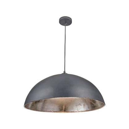 Matt Black And Silver Leaf Large Domed Metal Industrial Pendant Light With Black Fabric Cable Adjustable Hanging Ceiling Light 132x62x62cm | Click Style