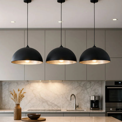 Matt Black And Silver Leaf Large Domed Metal Industrial Pendant Light With Black Fabric Cable Adjustable Hanging Ceiling Light 132x62x62cm | Click Style