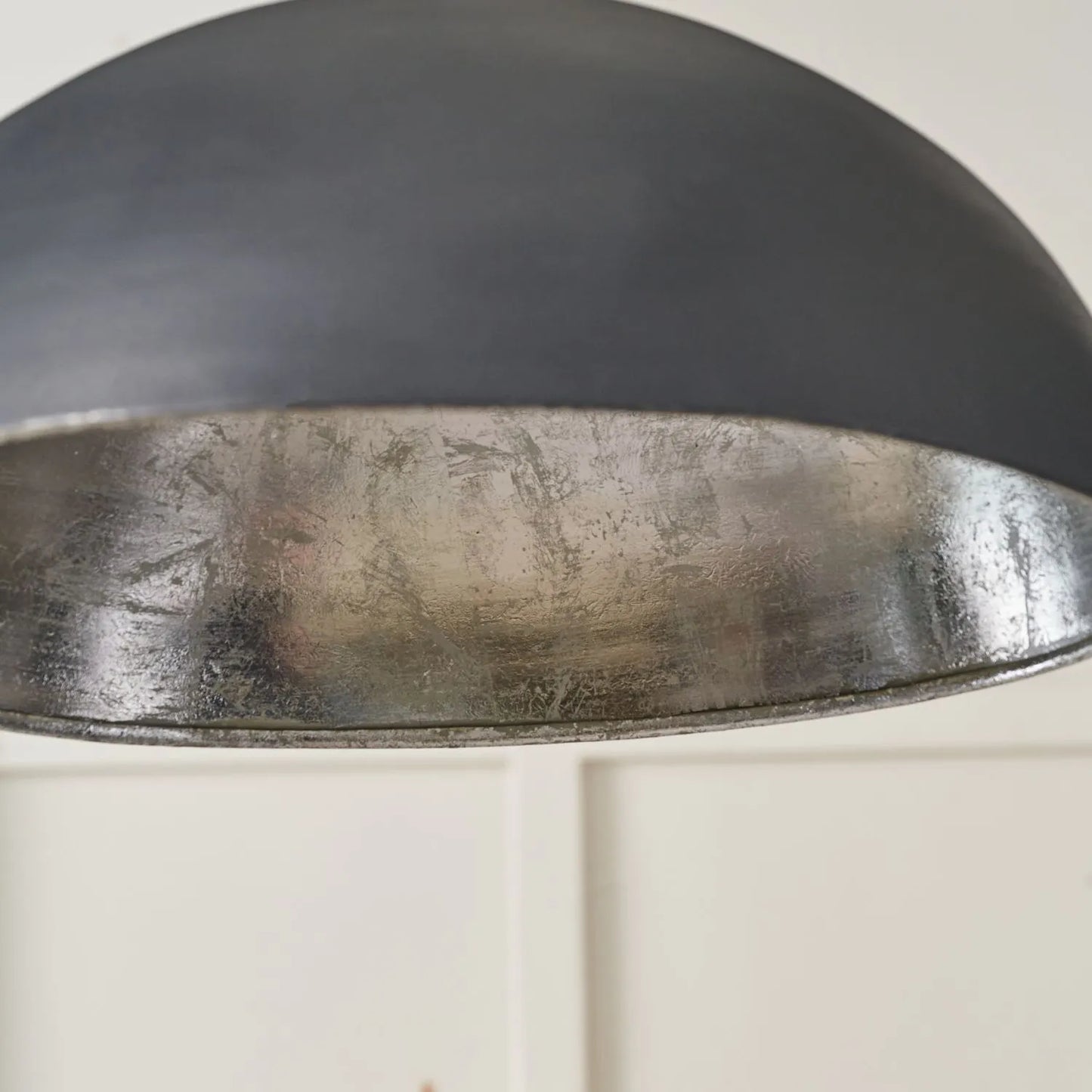 Matt Black And Silver Leaf Large Domed Metal Industrial Pendant Light With Black Fabric Cable Adjustable Hanging Ceiling Light 132x62x62cm | Click Style