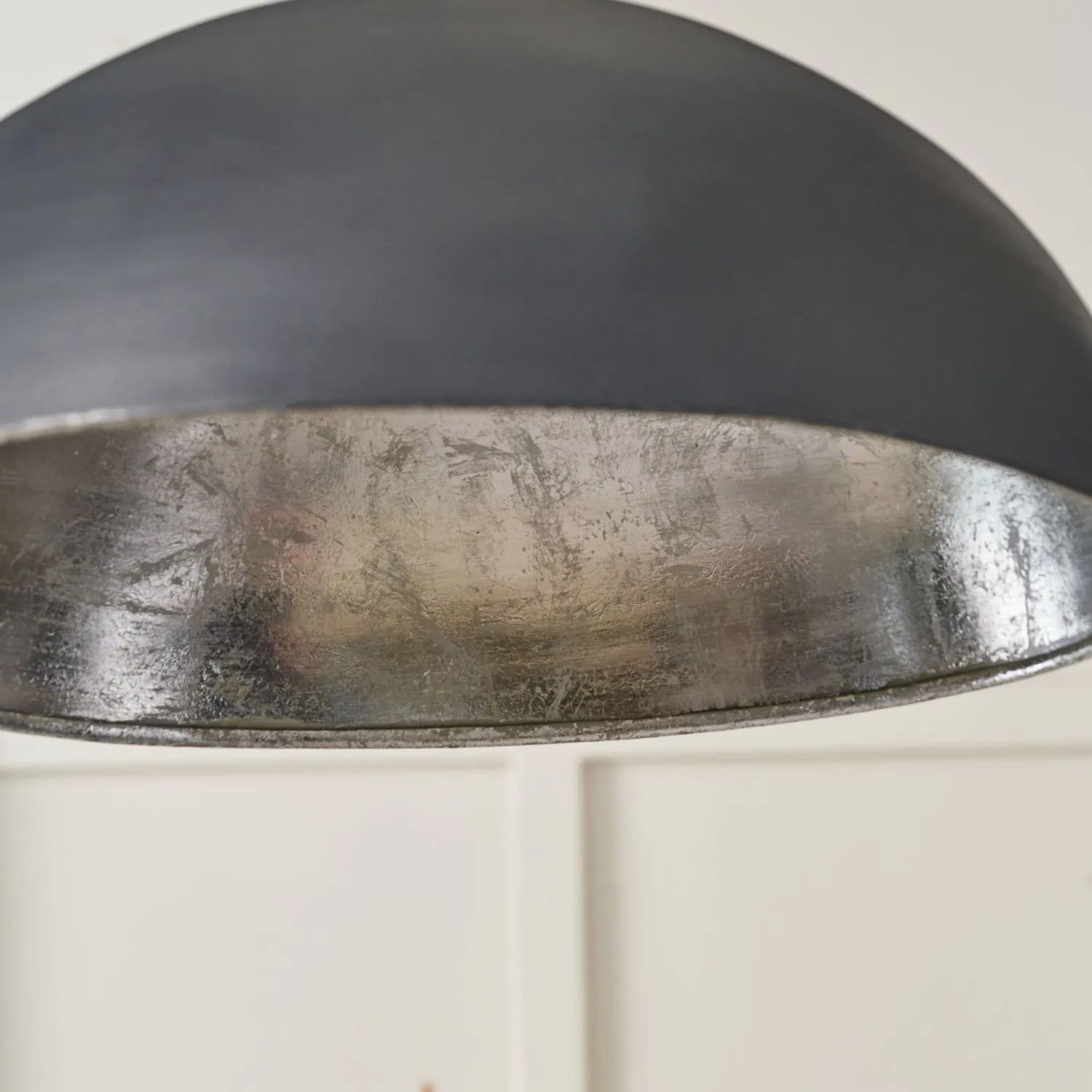 Matt Black And Silver Leaf Large Domed Metal Industrial Pendant Light With Black Fabric Cable Adjustable Hanging Ceiling Light 132x62x62cm | Click Style