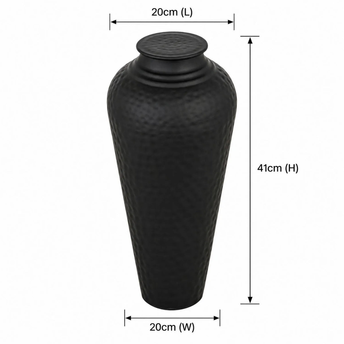 Matt Black Hammered Metal Floor Standing Vase with Removable Lid – Tapered Decorative Vase 41x20x20cm – Dimensions Diagram | Click Style