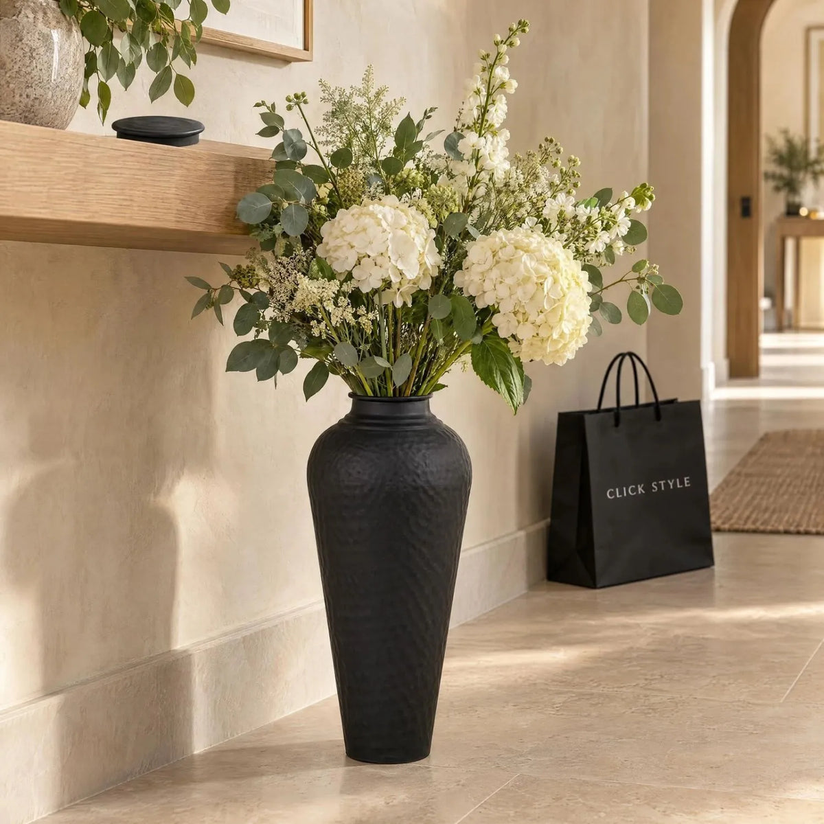 Matt Black Hammered Metal Floor Standing Vase with Removable Lid – Tapered Decorative Vase 41x20x20cm – Styled with Real Flowers & Removable Lid | Click Style