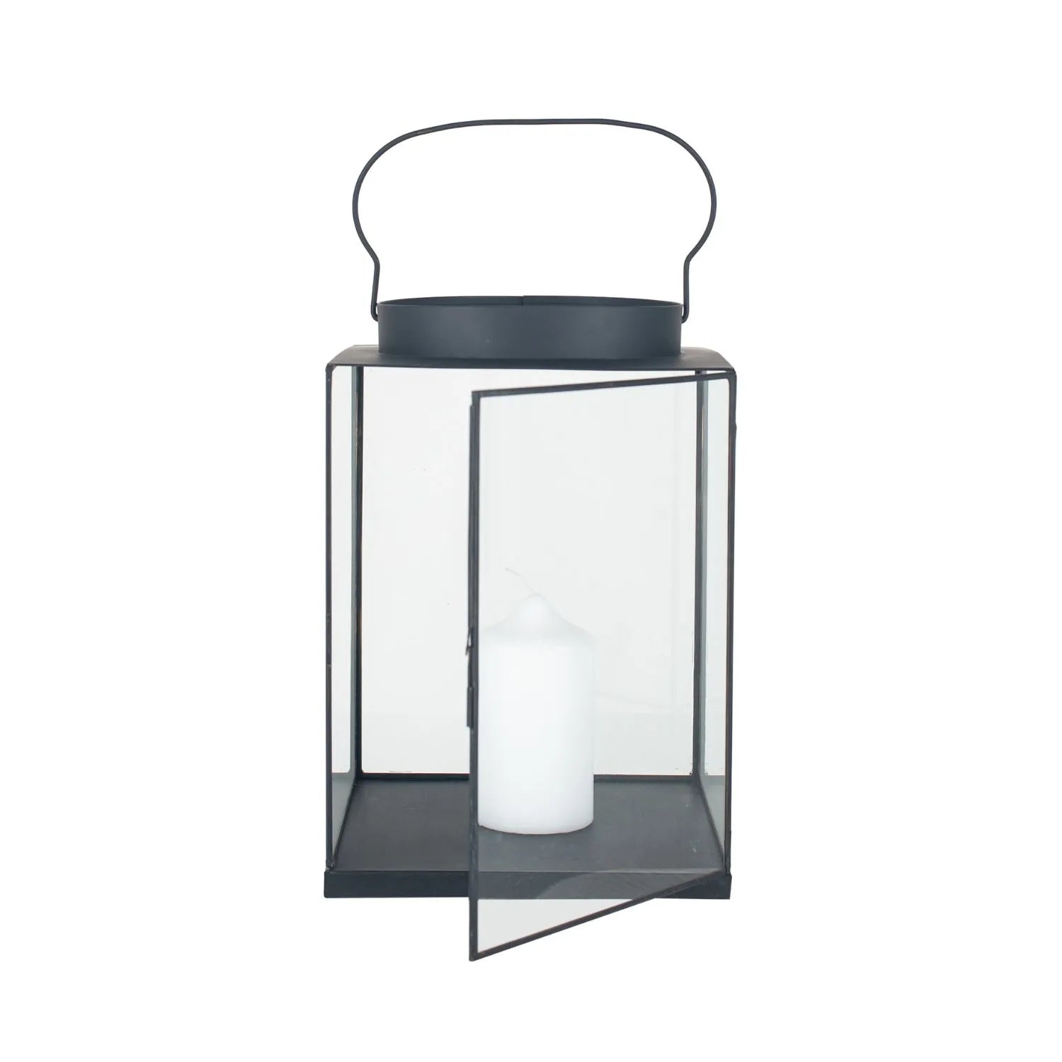 Matt Black Lantern with Glass Panels & Loop Handle – Decorative Metal Candle Holder 37x25x25cm - Click Style