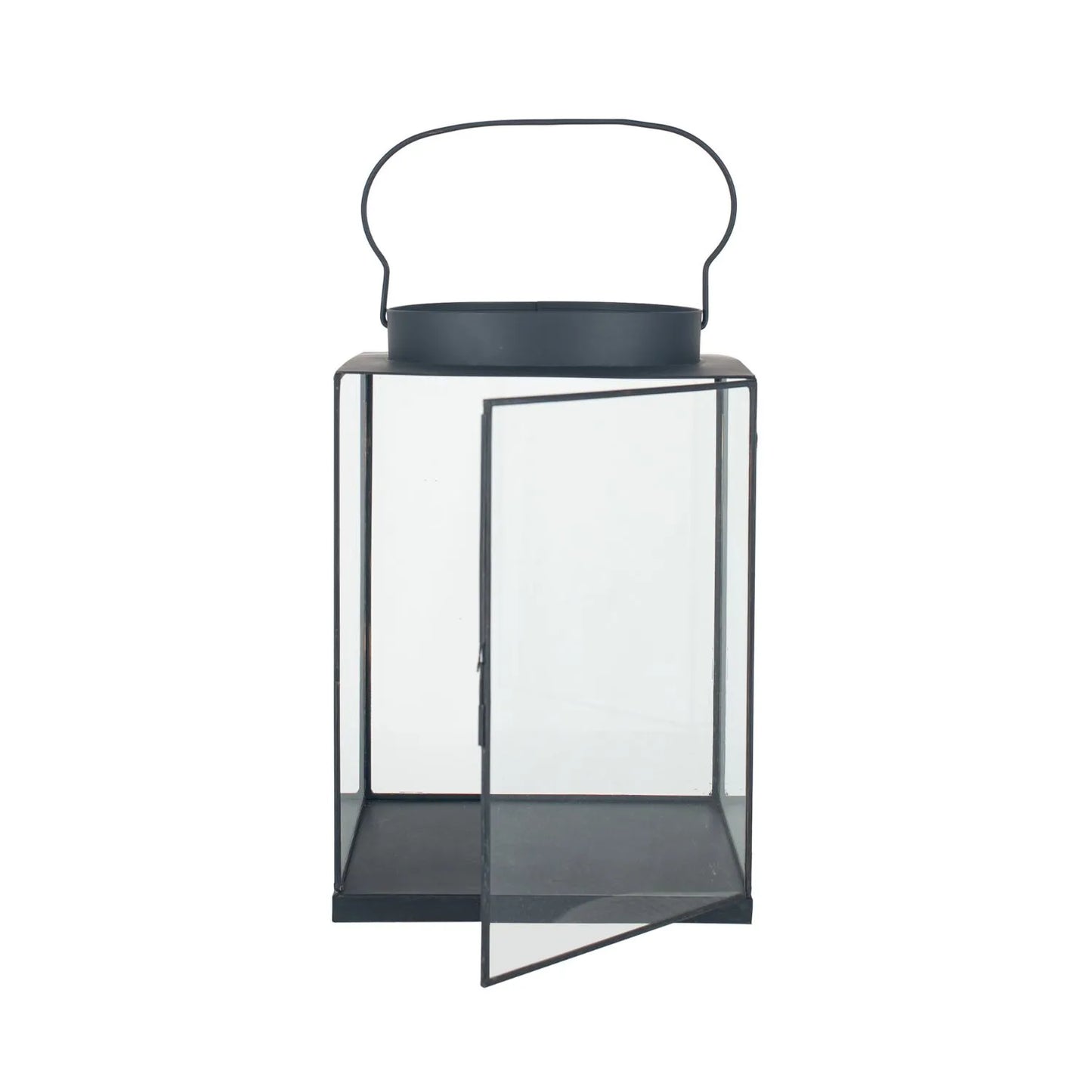 Matt Black Lantern with Glass Panels & Loop Handle – Decorative Metal Candle Holder 37x25x25cm - Click Style