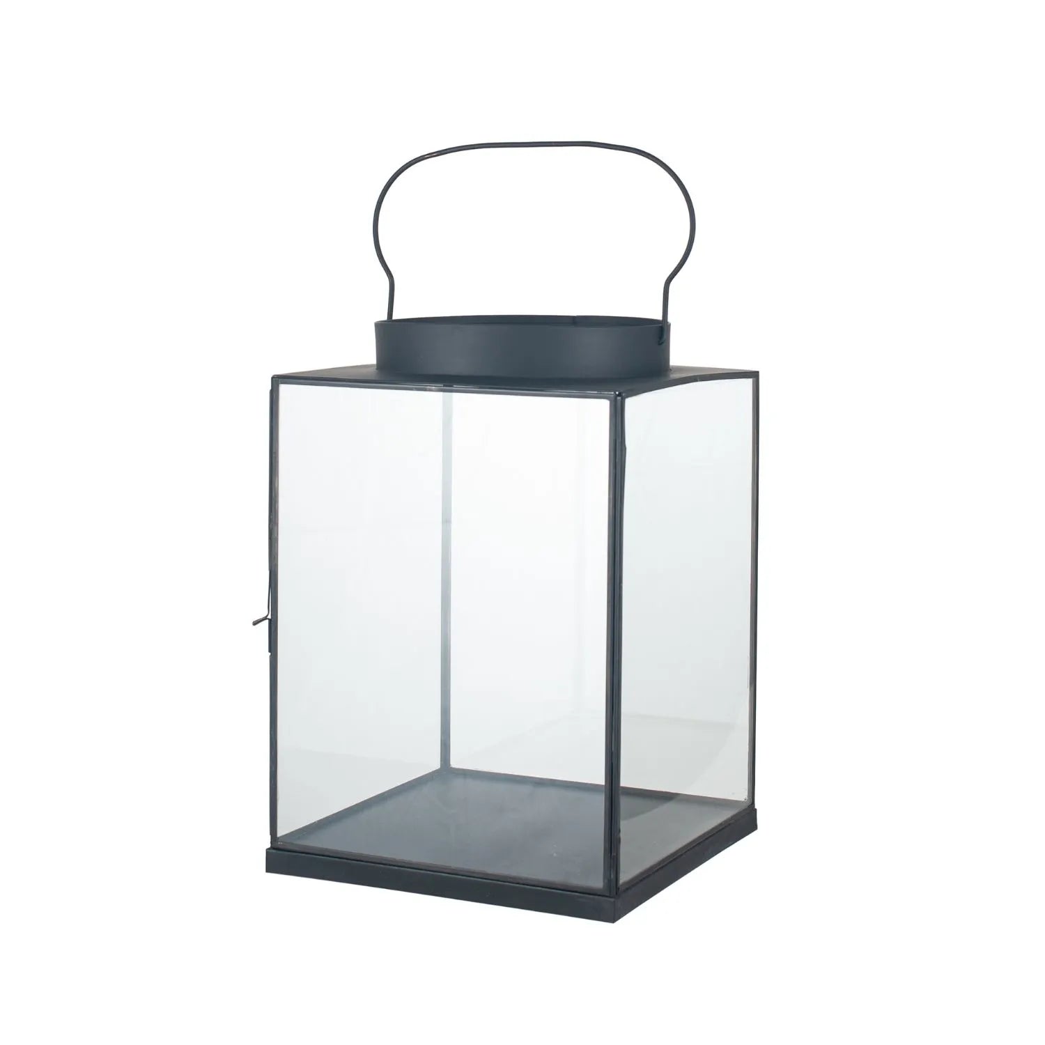 Matt Black Lantern with Glass Panels & Loop Handle – Decorative Metal Candle Holder 37x25x25cm - Click Style