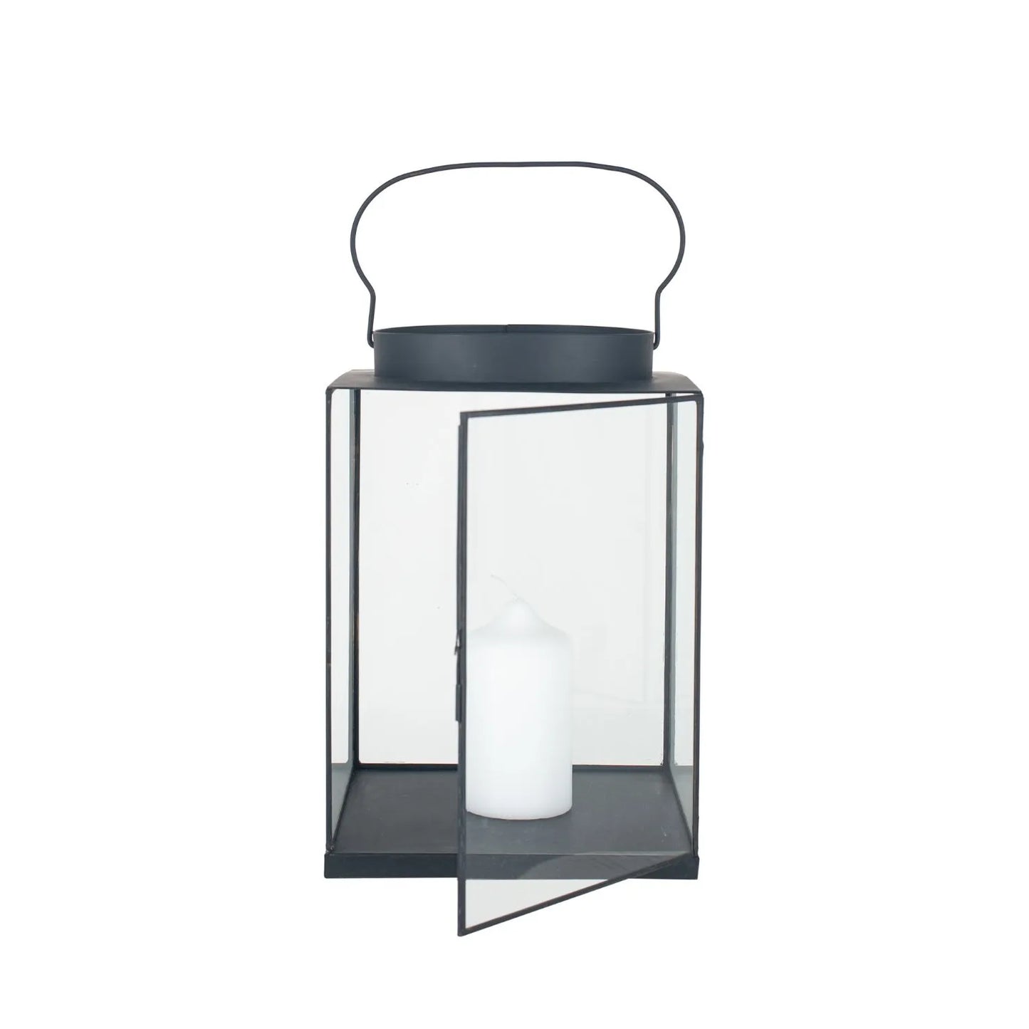 Matt Black Lantern with Glass Panels & Loop Handle – Large Decorative Metal Candle Holder 45x30x30cm - Click Style