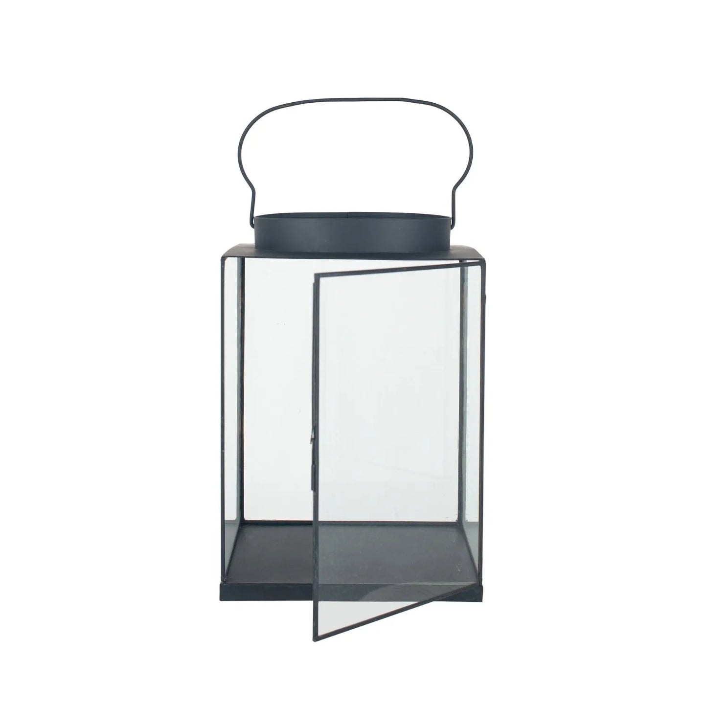 Matt Black Lantern with Glass Panels & Loop Handle – Large Decorative Metal Candle Holder 45x30x30cm - Click Style