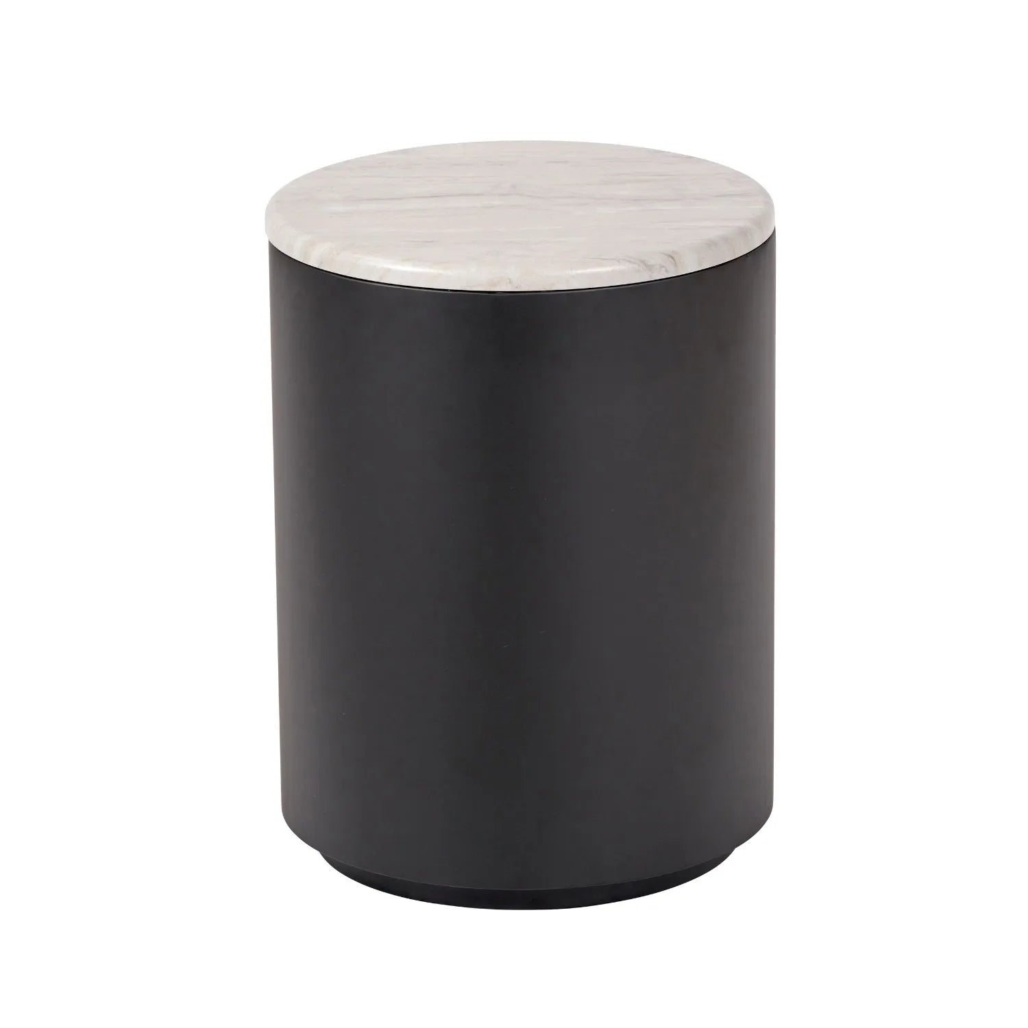 Matt Black Metal & White Marble-Effect Side Table with Storage & Removable Lid – Round Bedside Table Ø49x37cm - Click Style