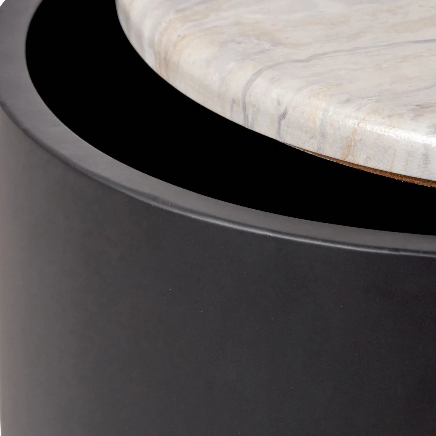 Matt Black Metal & White Marble-Effect Side Table with Storage & Removable Lid – Round Bedside Table Ø49x37cm - Click Style