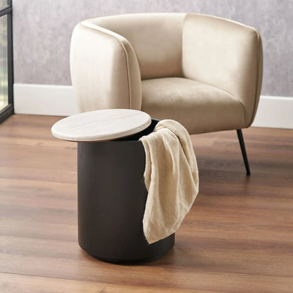 Matt Black Metal & White Marble-Effect Side Table with Storage & Removable Lid – Round Bedside Table Ø49x37cm - Click Style