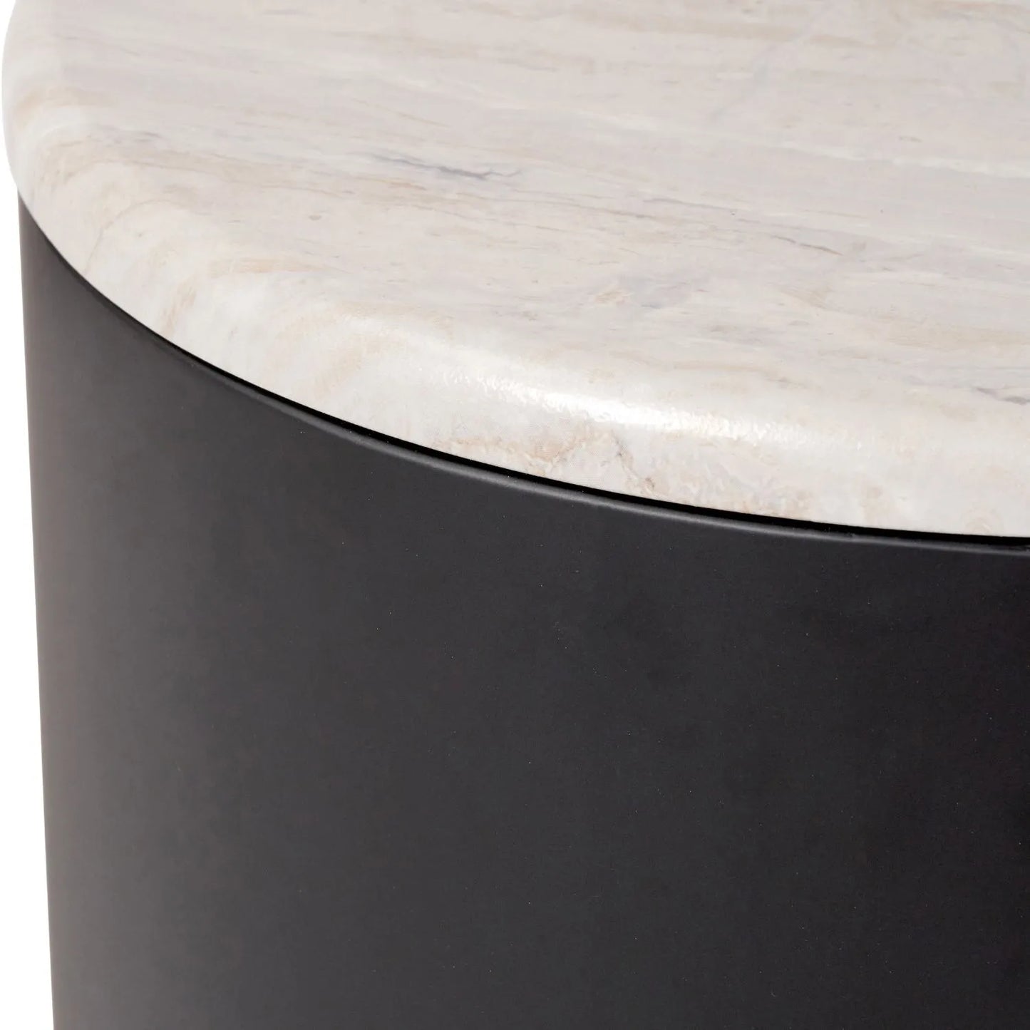 Matt Black Metal & White Marble-Effect Side Table with Storage & Removable Lid – Round Bedside Table Ø49x37cm - Click Style