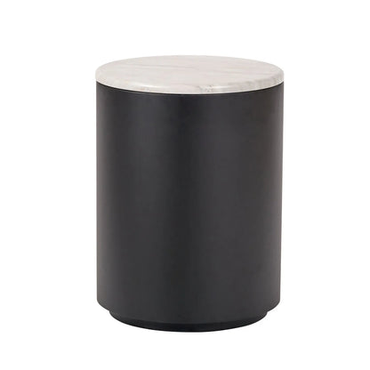 Matt Black Metal & White Marble-Effect Side Table with Storage & Removable Lid – Round Bedside Table Ø49x37cm - Click Style