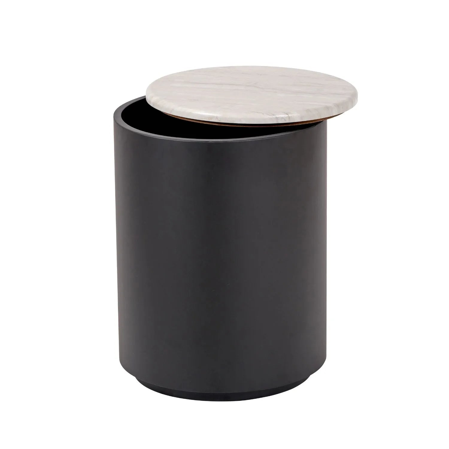 Matt Black Metal & White Marble-Effect Side Table with Storage & Removable Lid – Round Bedside Table Ø49x37cm - Click Style