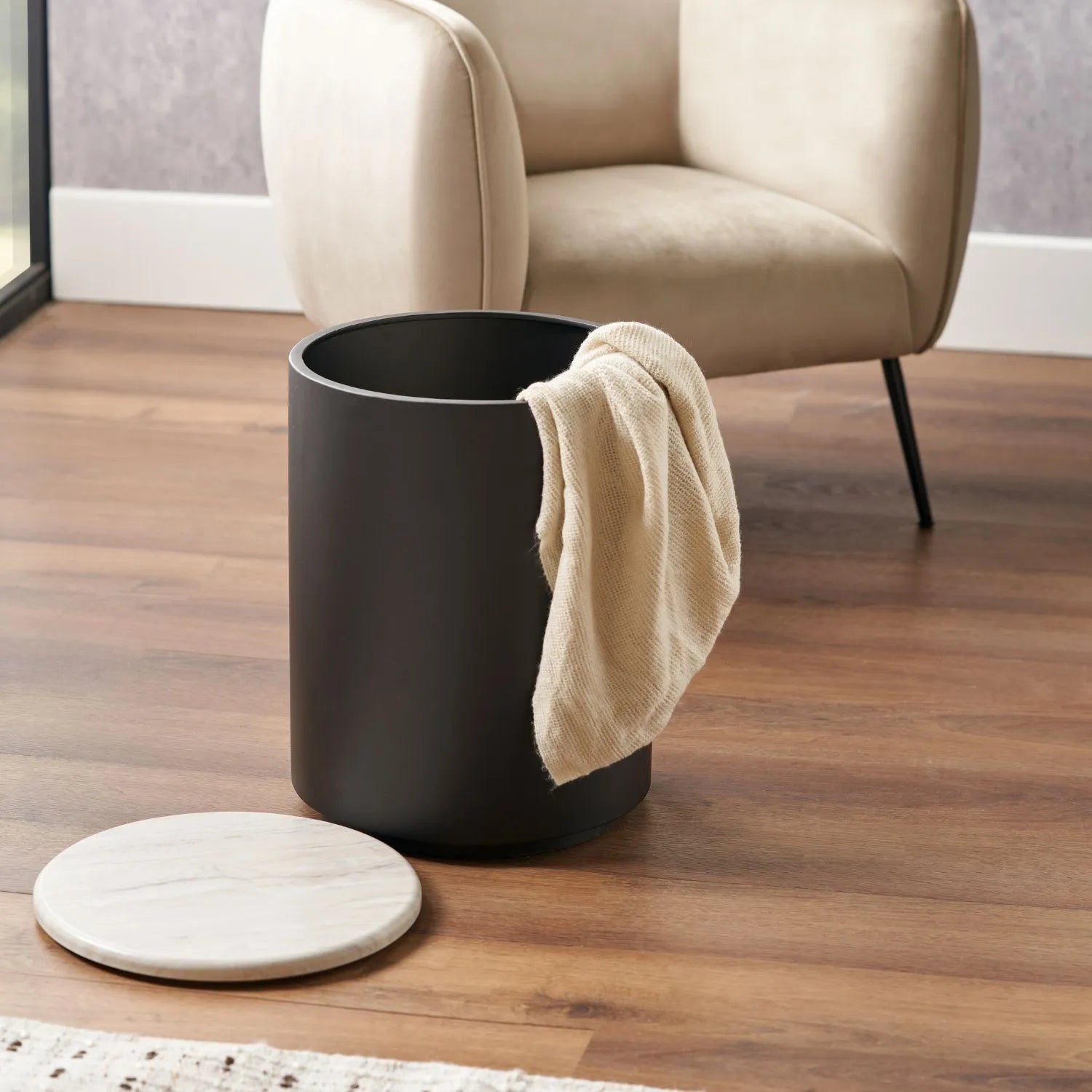 Matt Black Metal & White Marble-Effect Side Table with Storage & Removable Lid – Round Bedside Table Ø49x37cm - Click Style