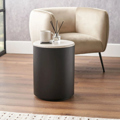 Matt Black Metal & White Marble-Effect Side Table with Storage & Removable Lid – Round Bedside Table Ø49x37cm - Click Style