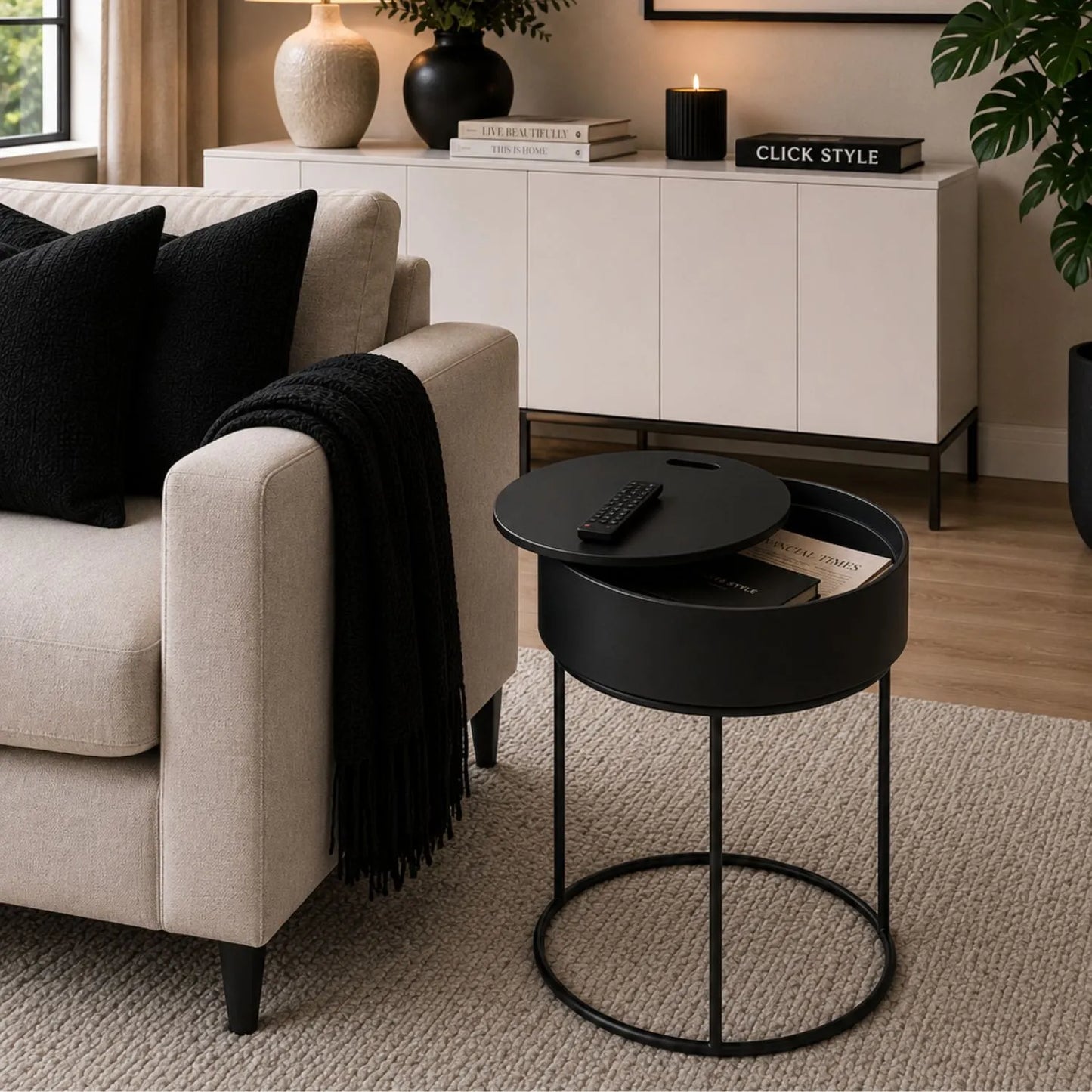 Matt Black Round Metal & Wood Side Table with Hidden Storage Compartment and Removable Lid Black Metal Frame Black Wood Veneer Top Raised Lipped Edge for Use as a Bedside Table or End Table 51.5x38cm | Click Style