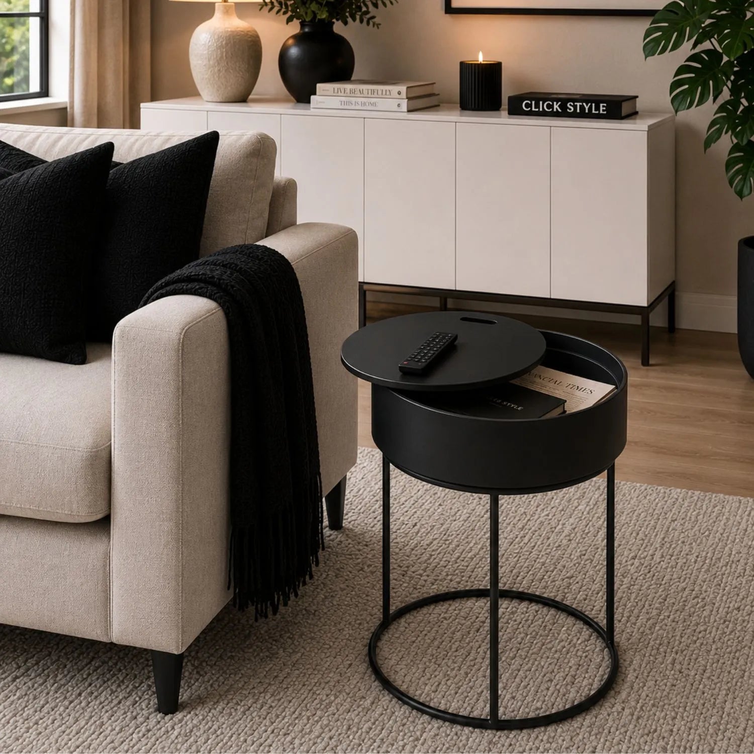 Matt Black Round Metal & Wood Side Table with Hidden Storage Compartment and Removable Lid Black Metal Frame Black Wood Veneer Top Raised Lipped Edge for Use as a Bedside Table or End Table 51.5x38cm | Click Style
