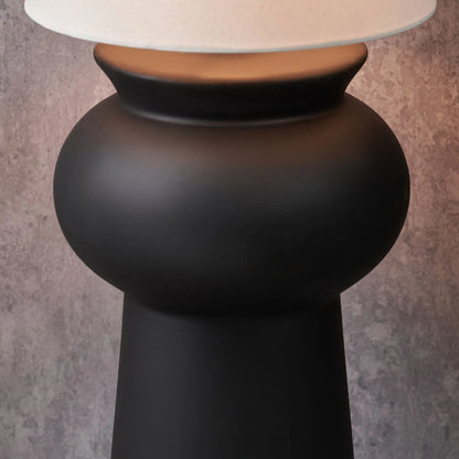 Matt Black Totem Sculptural Ceramic Floor Lamp with Tall Natural Cotton Flecked Drum Shade – Contemporary Statement Floor Light 124x29x29cm | Click Style