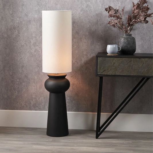 Matt Black Totem Sculptural Ceramic Floor Lamp with Tall Natural Cotton Flecked Drum Shade – Contemporary Statement Floor Light 124x29x29cm | Click Style