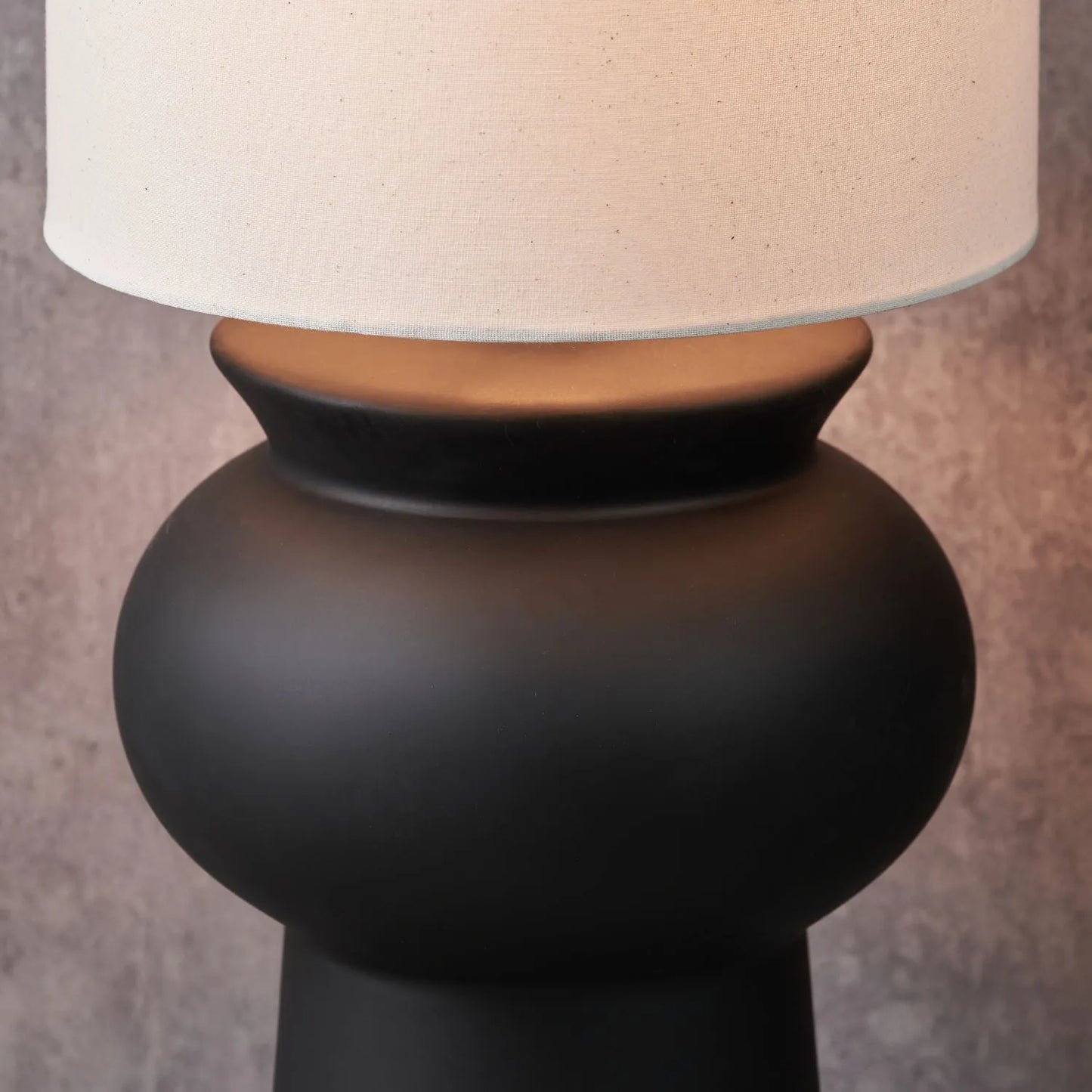 Matt Black Totem Sculptural Ceramic Floor Lamp with Tall White Cotton Drum Shade – Contemporary Monochrome Statement Floor Light 124x29x29cm | Click Style