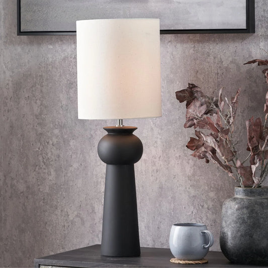 Matt Black Totem Sculptural Ceramic Table Lamp with Tall Natural Cotton Flecked Drum Shade – Contemporary Statement Table Light 66x24x24cm | Click Style