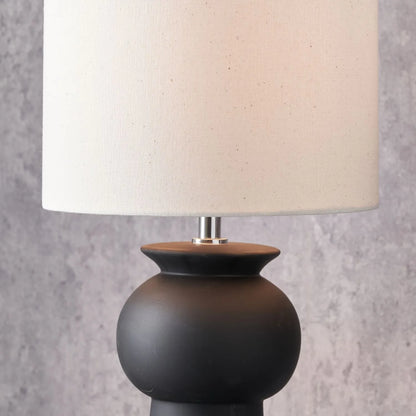 Matt Black Totem Sculptural Ceramic Table Lamp with Tall Natural Cotton Flecked Drum Shade – Contemporary Statement Table Light 66x24x24cm | Click Style