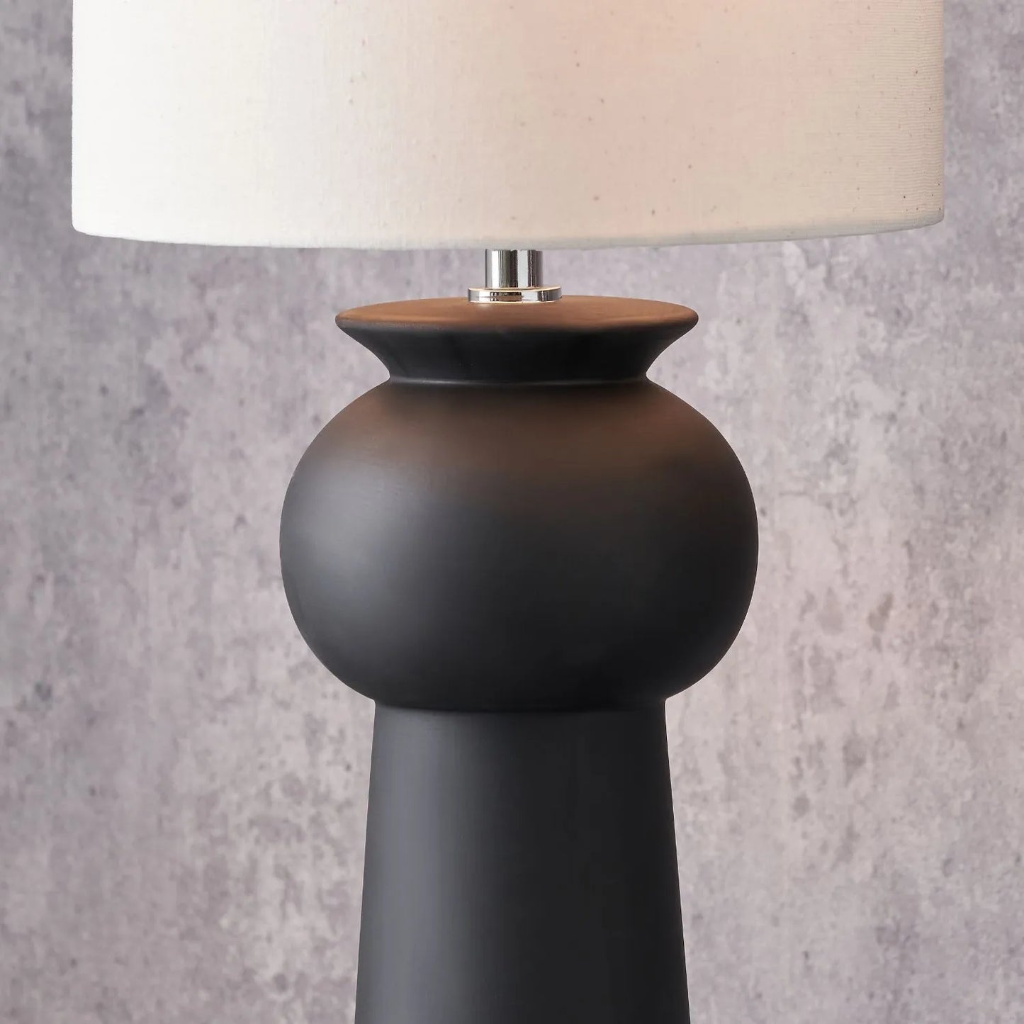 Matt Black Totem Sculptural Ceramic Table Lamp with Tall Natural Cotton Flecked Drum Shade – Contemporary Statement Table Light 66x24x24cm | Click Style