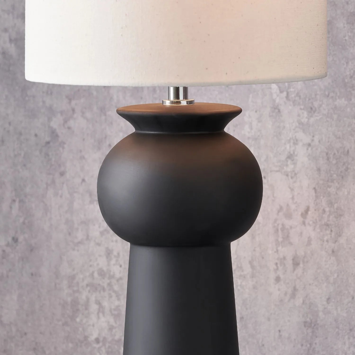 Matt Black Totem Sculptural Ceramic Table Lamp with Tall Natural Cotton Flecked Drum Shade – Contemporary Statement Table Light 66x24x24cm | Click Style