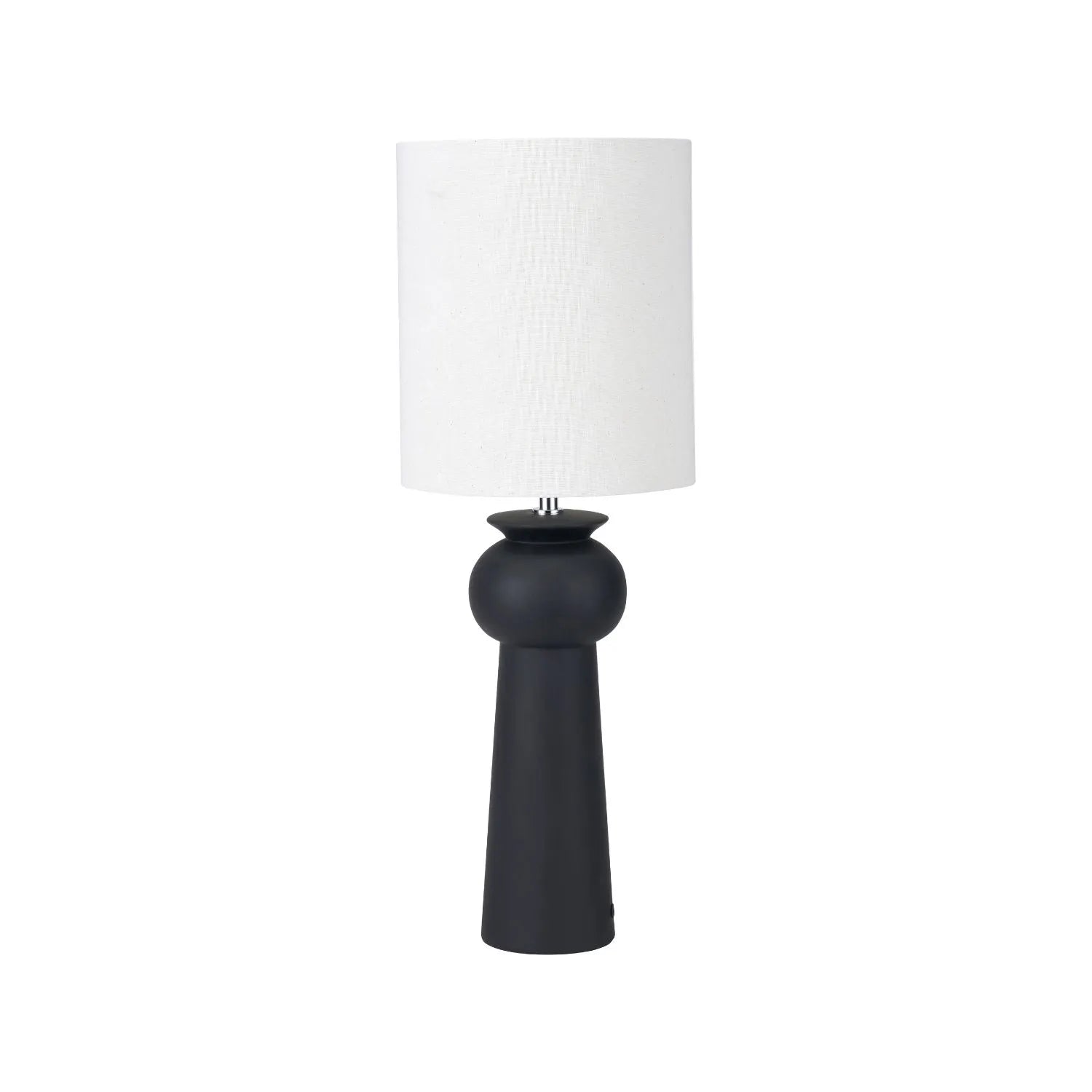 Matt Black Totem Sculptural Ceramic Table Lamp with Tall White Cotton Drum Shade – Contemporary Monochrome Statement Table Light 66x24x24cm | Click Style