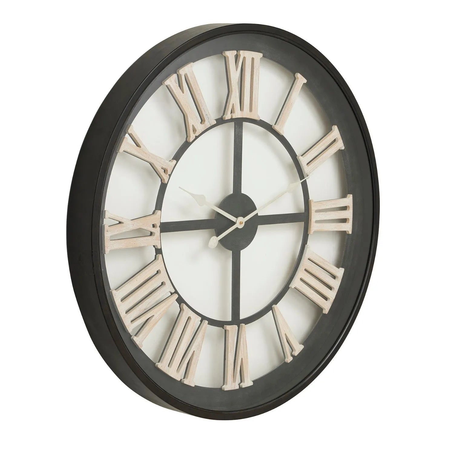 Matt Black Wooden Round Skeleton Wall Clock with White Roman Numerals & Hands 80x80x8cm - Click Style