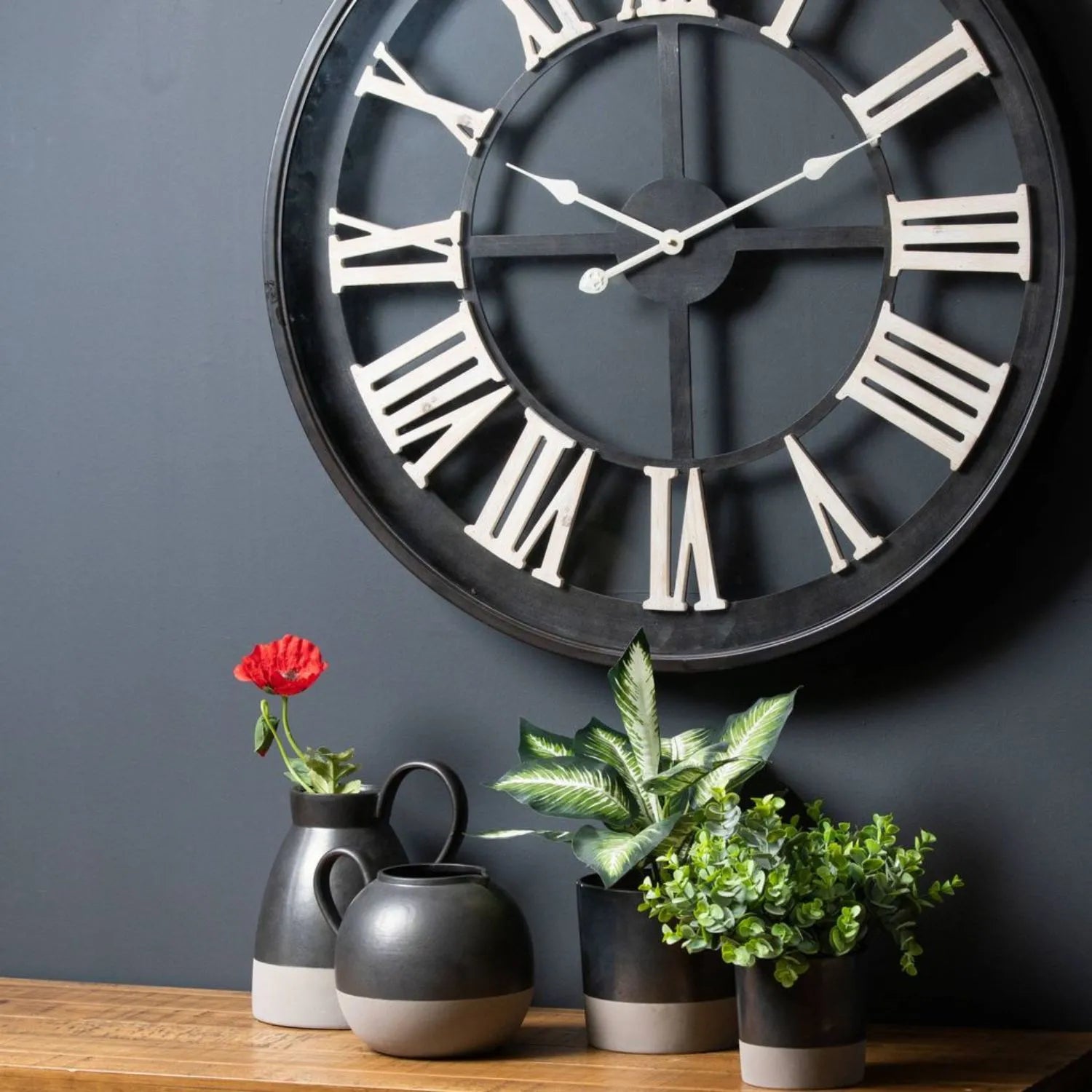 Matt Black Wooden Round Skeleton Wall Clock with White Roman Numerals & Hands 80x80x8cm - Click Style.