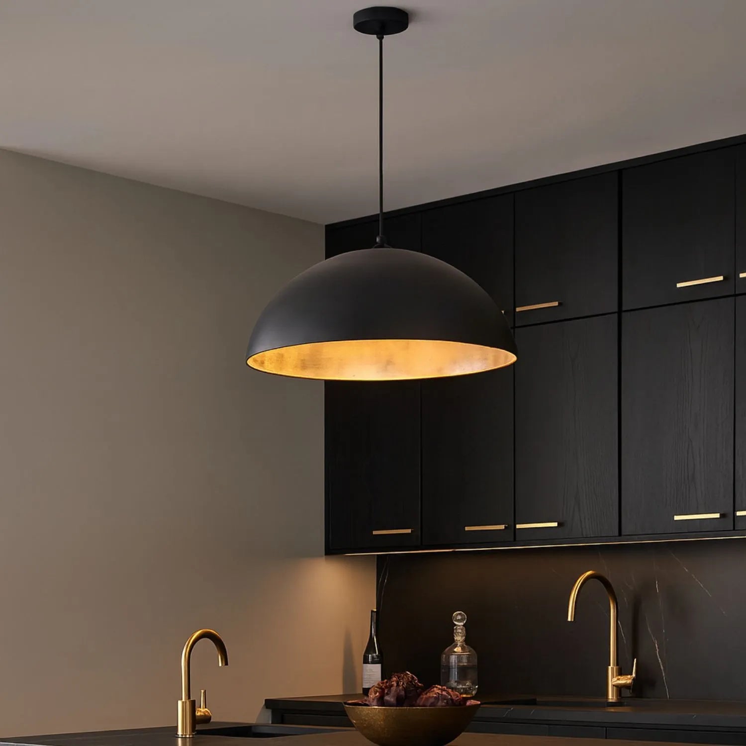 Matt Black & Gold Leaf Large Domed Metal Industrial Pendant Light With Black Fabric Cable – Adjustable Dimmable Ceiling Light 142x63x63cm | Click Style