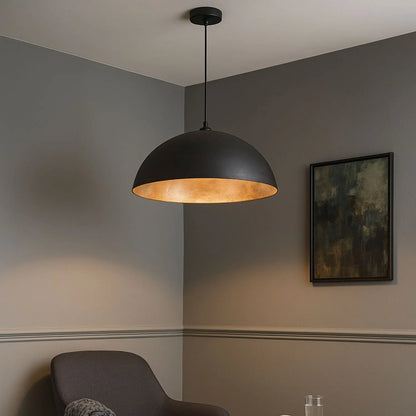Matt Black & Gold Leaf Large Domed Metal Industrial Pendant Light With Black Fabric Cable – Adjustable Dimmable Ceiling Light 142x63x63cm | Click Style