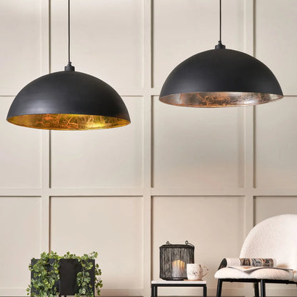 Matt Black & Gold Leaf Large Domed Metal Industrial Pendant Light With Black Fabric Cable – Adjustable Dimmable Ceiling Light 142x63x63cm | Click Style